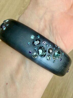 Alexis Bittar Lucite Bracelet Gray Purple Blue Crystals Hinged Cuff Signe